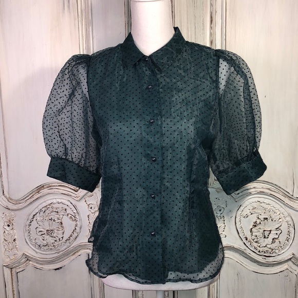 Haute Monde  Sheer Dotted Swiss Puffed Sleeve Button Down Blouse Size Small - Picture 1 of 11